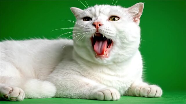 White Cat Opening Mouth Meowing Talking for Voice Over on Green Screen