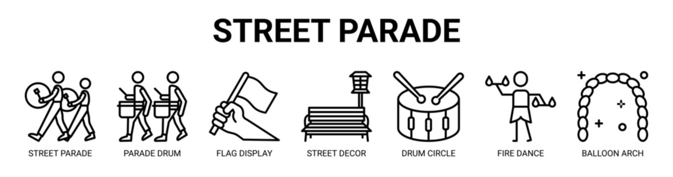 Street Parade web banner icon vector illustration concept with icon of street parade, parade drum, flag display, street decor, drum circle, fire dance, balloon arch.