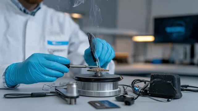 Engineer calibrates a MEMS gyroscope module with specialized tools adjusting angular velocity sensors to enhance rotational measurement accuracy in a clean workspace.
