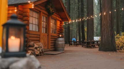 Rustic log cabin in forest illuminated by string lights at night. Cozy holiday getaway with festive decorations for christmas vacation