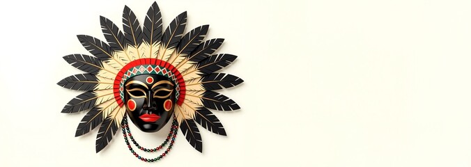 Mardi Gras carnival mask with feather headdress. Traditional tribal decoration for festival celebration. Wide banner with copy space