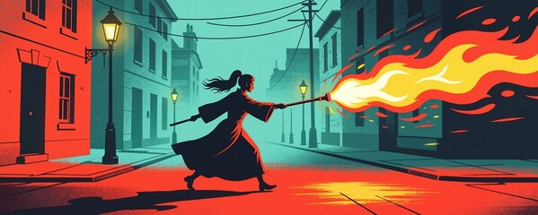 Woman running with fire torch on city street at night. Powerful female silhouette in dynamic action for festival parade or Mardi Gras celebration