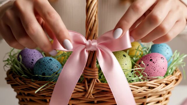 Hands tie pink ribbon around Easter basket filled with colorful eggs and green grass. Indoor setting with soft light. Concept of holiday decor, event planning, crafting