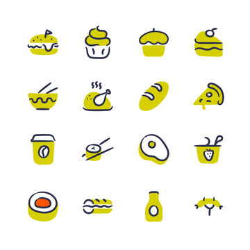 Hand drawn food icon set. Doodle culinary vector icons.