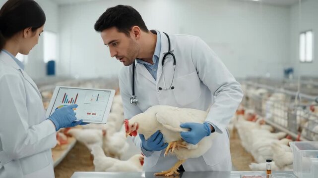 Medium shot of a veterinarian assessing health markers in chickens highlighting selective breeding aimed at disease resistance and stronger immune systems