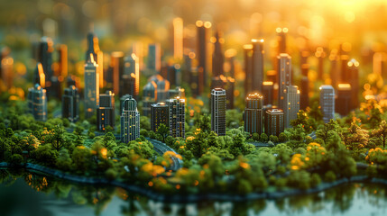 Isometric landscape photography of a miniature diorama of a city