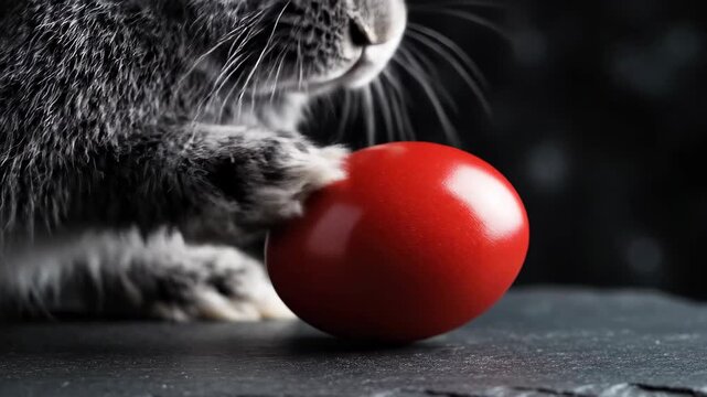 Gray rabbit nudges bright red egg with its paw. Focused indoor setting with dark background and textured surface. Concept of pets, animal care, holiday celebrations