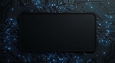 Glowing Circuit Board Background with Black Rectangle