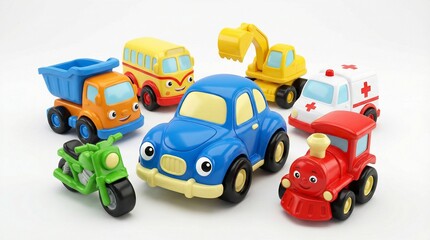 Fototapeta premium Collection of colorful plastic toy vehicles with friendly faces on white background