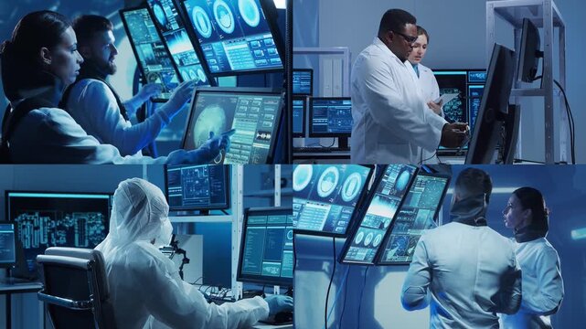 Technology, space exploration and medical concept. Scientists, astronauts, lab equipment and microscopes in biomedical innovations and clinical studies. Ideal for educational content.