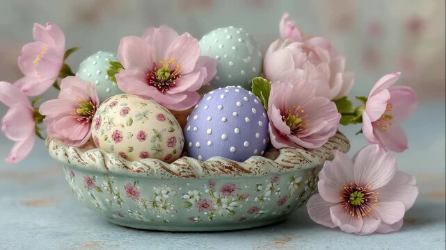 Bowl filled with decorated Easter eggs and pink flowers arranged together. Bright and cheerful setup on soft textured surface. Concept of spring celebration, home decor, event planning