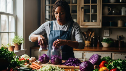 Woman preparing fermented vegetables in the kitchen