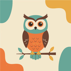 Cute owl illustration in mid-century modern style, whimsical bird character with vintage grainy texture, flat design, autumn colors.