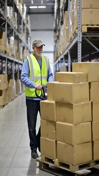 A senior male warehouse worker moves boxes from a pallet truck in a large warehouse. He focuses on unpacking and organizing the boxes in the storage area