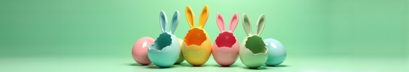 Colorful Easter eggs with bunny ears in a row. Modern pastel holiday decoration on green background. Spring celebration banner with copy space