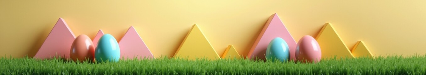 Pastel Easter eggs in green grass with modern geometric background. Spring holiday celebration banner. Traditional egg hunt scene with copy space
