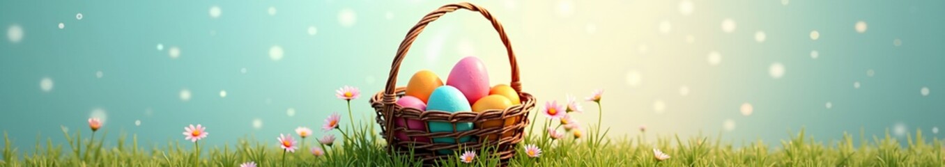 Colorful Easter eggs in a wicker basket on green grass with flowers. Spring holiday celebration background. Traditional Easter hunt scene for a banner with copy space