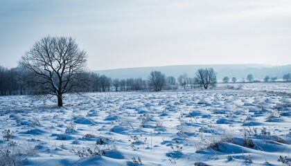 Vast snow-covered field with a solitary bare tree and distant forest on a cold, frosty winter morning with soft light casting blue shadows on the snow