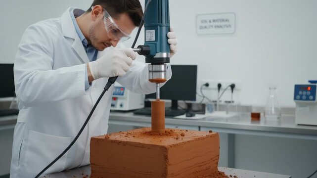 Medium shot of a technician carefully extracting a cylindrical core sample from a clay layer using a specialized drill for quality analysis.