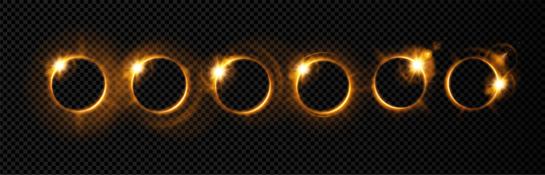 Halo ring light with gold golden sparkle and sun flare glow. Line sunlight speed with circle halo transparent and flash sky aureole. Background star halo with button angel gold and ring dust golden.