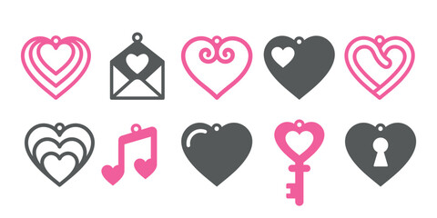 Valentine's Day designs with heart for earrings, pendant or keychain. Jewelry cutting template with symbols of love. Laser cut with leather, wood or metal. Beautiful hanging bijouterie for wedding