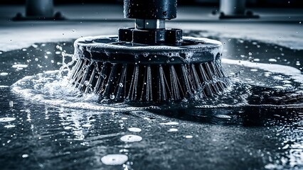 Industrial Grinding Machine Polishing Stone Surface with Water Spray.