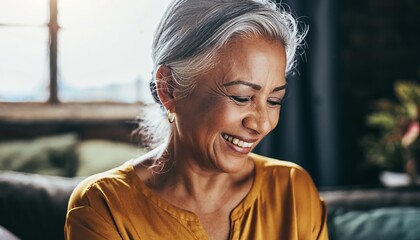 Happy senior woman with beautiful grey hair smiling warmly while looking down in a sunlit living room with soft natural light creating a peaceful and content mood