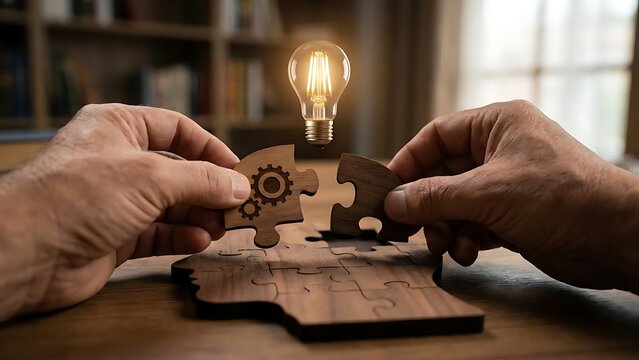 Two hands assembling puzzle pieces with lightbulb.