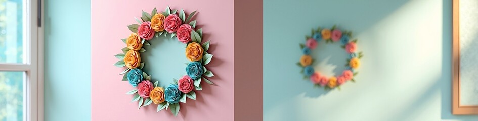 Handmade paper flower wreath on a colorful wall. DIY craft project for home decoration. Split screen banner with detailed and out of focus views for spring or summer themes