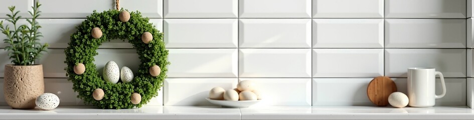 Minimalist Easter decoration with wreath and eggs on kitchen counter. Spring holiday still life with modern home decor. Banner background with copy space