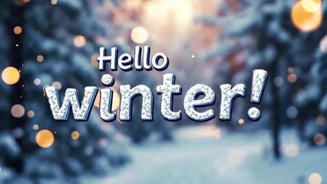 Animated 'Hello winter' greeting card. Magical snowy forest with falling snow and bokeh lights. Festive holiday season background