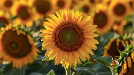 Sunflower in full bloom with bright yellow petals in warm sunlight for gardening
