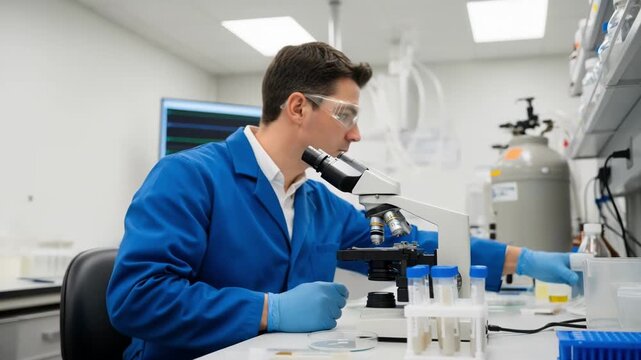 Medium shot of a technician carefully analyzing bull semen samples under lab lighting to enhance genetic traits in dairy cattle breeding.
