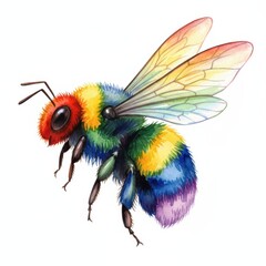 Obraz premium Detailed watercolor painting of a colorful fuzzy bee with rainbow stripes flying on a white background.