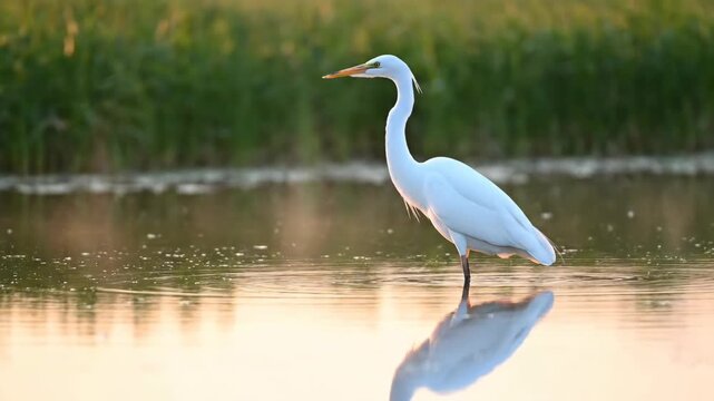 Elegant egret standing in shallow water with soft reflection image