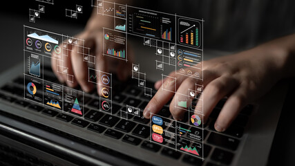 A big data visualization and business analytics dashboard grid. A complex collection of charts and graphs for comprehensive company reporting. Motif