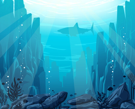 Underwater seascape with coral reef, fish, underwater mountains and silhouette of shark. Vector nature illustration about ocean life.