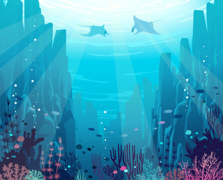 Underwater seascape image with coral reef, fish, underwater rocks and silhouette of mantas. Vector nature illustration about marine life.