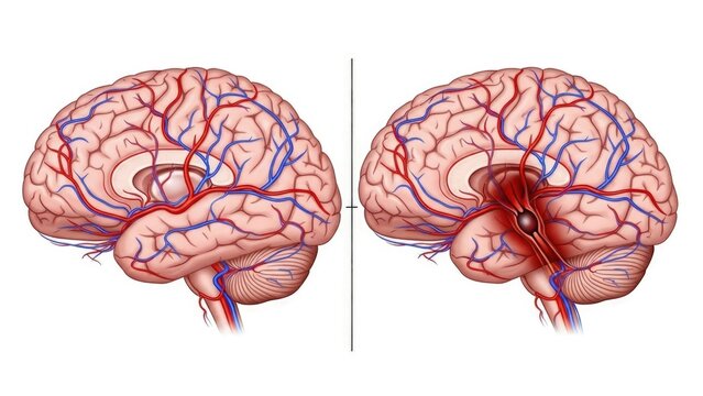 Human brain anatomy, comparing healthy cerebral vessels to ruptured aneurysm causing severe hemorrhagic stroke, intracerebral, subarachnoid bleeding, and infarction.