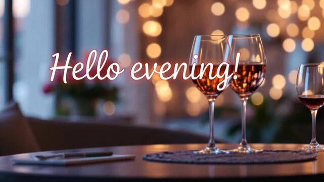 Two wine glasses on a table with Hello evening text overlay. Romantic dinner date at a restaurant with warm bokeh lights background. Nightlife and celebration concept