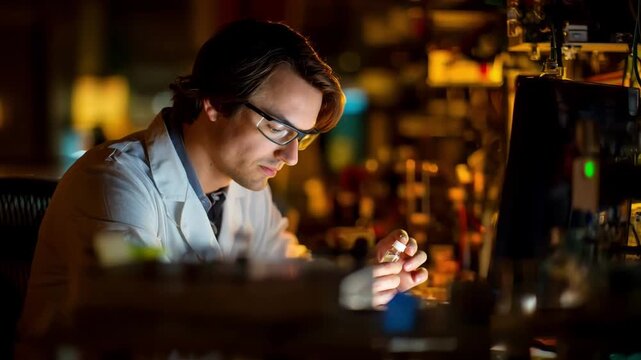 Scientist analyzing beta radiation levels using specialized detection equipment under bright lab lights.