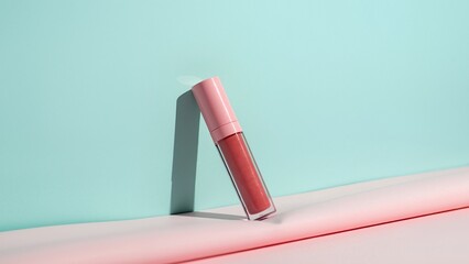 Lip gloss tube on a minimal pastel background. Cosmetic makeup product with pink cap against a turquoise wall. Beauty and skincare advertising with copy space
