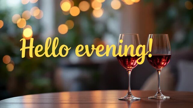 Hello evening text animation over two glasses of red wine. Romantic dinner setting with bokeh lights. Evening greeting concept