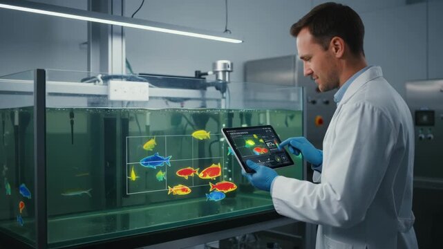 Medium shot of a scientist using thermographic imaging combined with machine learning to detect temperature variations indicating infections in a controlled aquaculture