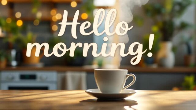 Steaming coffee cup on a wooden table in a sunny kitchen. Hello morning text overlay in white script font. Breakfast and lifestyle concept