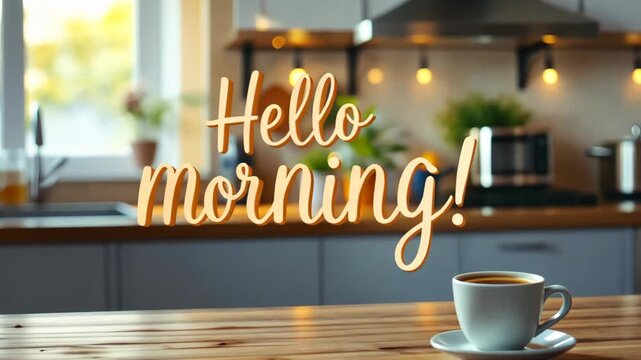 Hello morning greeting text with a white coffee cup on a wooden table. Blurred modern kitchen background with warm sunlight. Cozy breakfast and daily routine concept