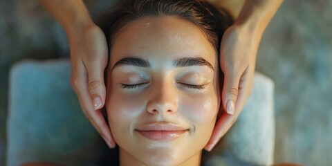 Person getting a skincare massage at a beauty salon with oil on her face and hands gently placed on the skin. She looks content and relaxed during the procedure.