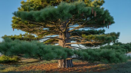 Mature Pine Tree in Serene Landscape with Warm Golden Lighting on Natural Terrain for Outdoor Scenery