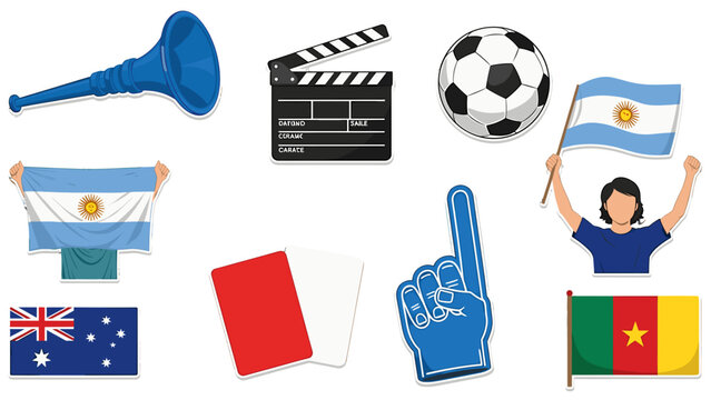 A vibrant illustration of soccer fan icons and flags on a