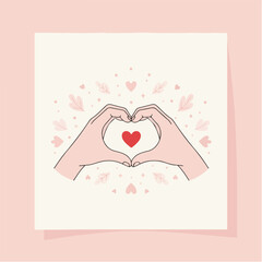 Minimalist Valentine's Day illustration with hands forming a heart shape, pastel pink and red colors, romantic greeting card design, flat vector style.